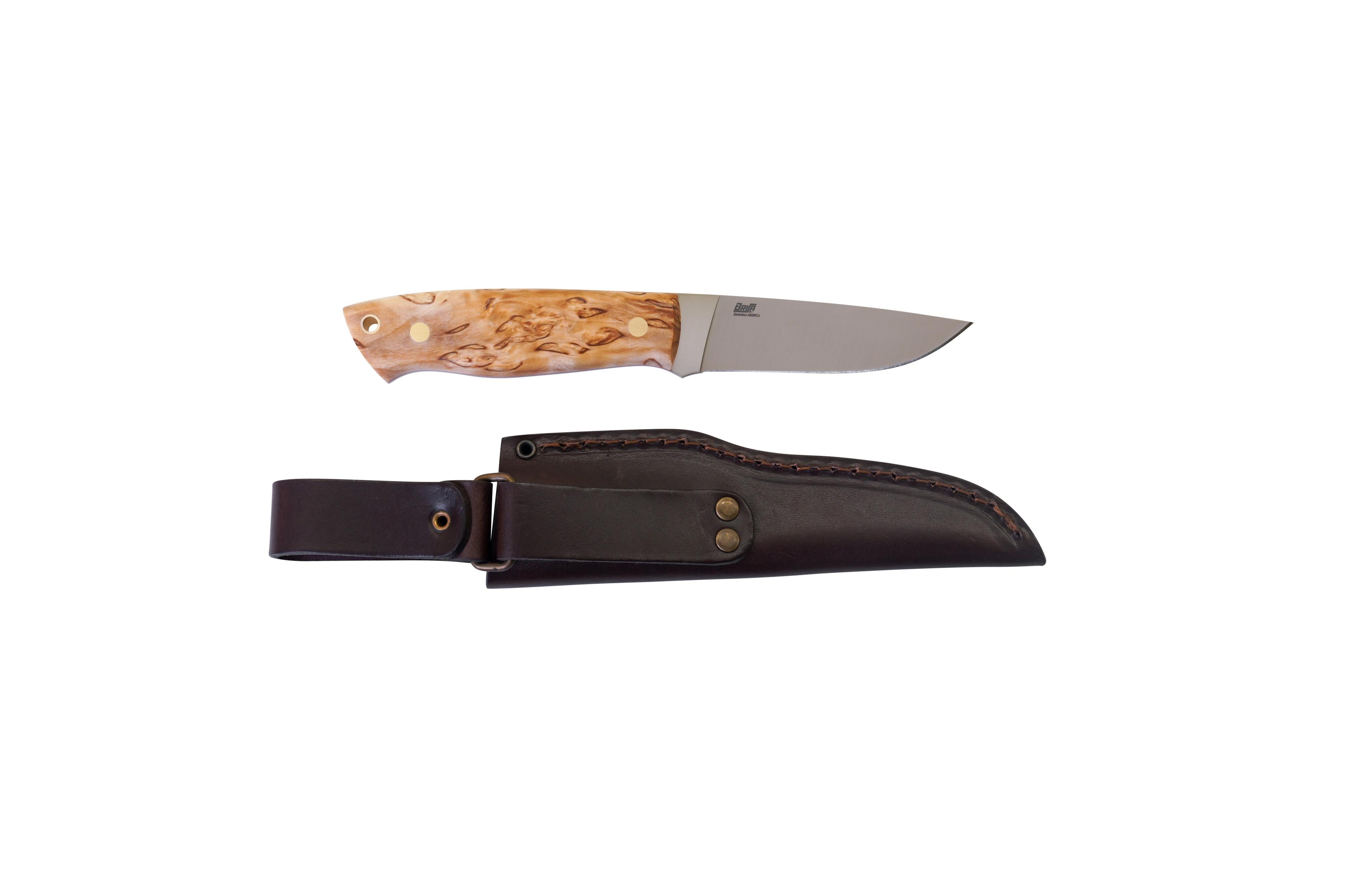 Brisa - Trapper 95 - CurlyBirch - Flat - Leather - 21 cm - Bushcraft knives