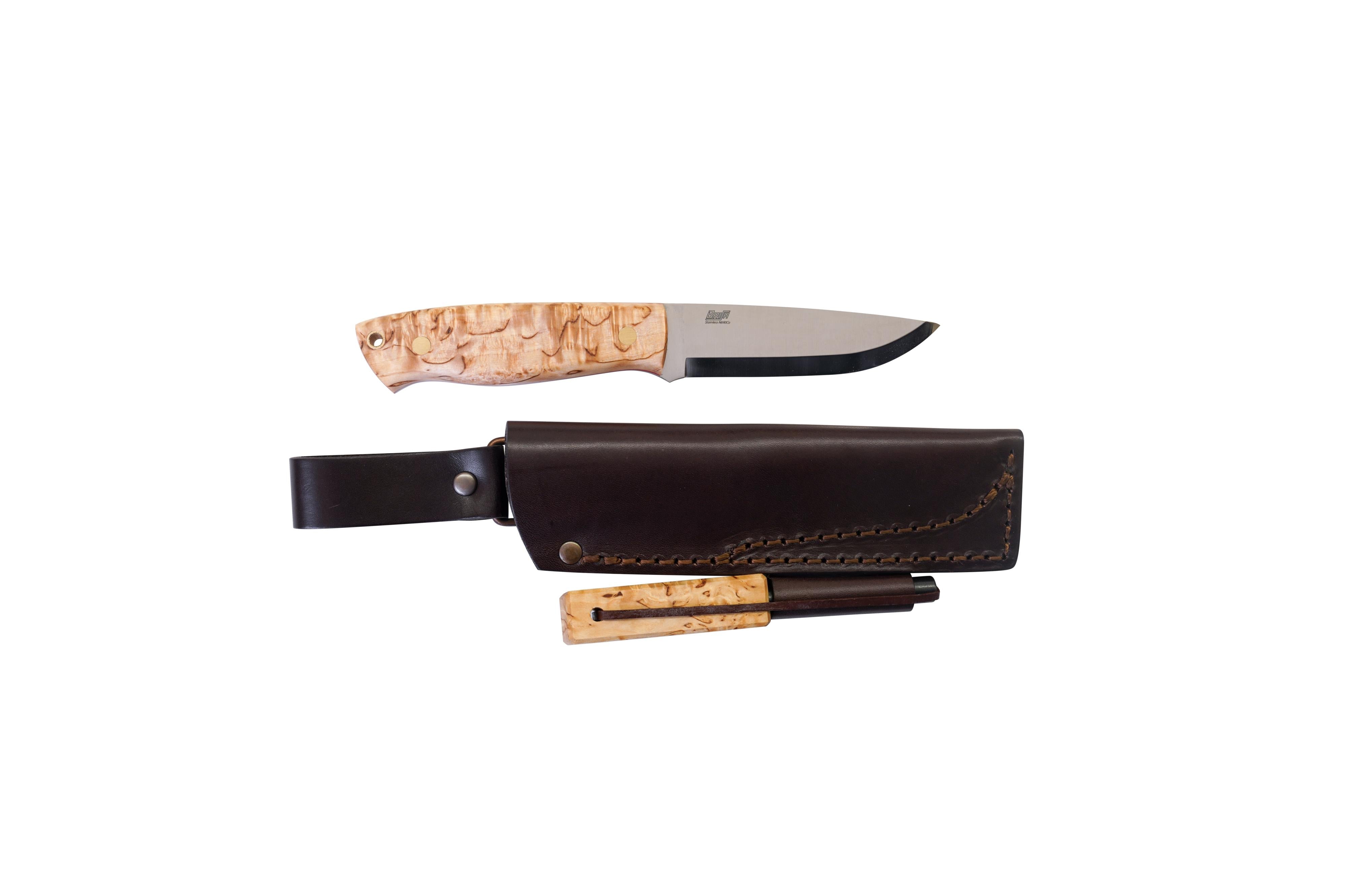 Brisa - Trapper 95 - CurlyBirch - Scandi - Firesteel - 21 cm - Bushcraft knives