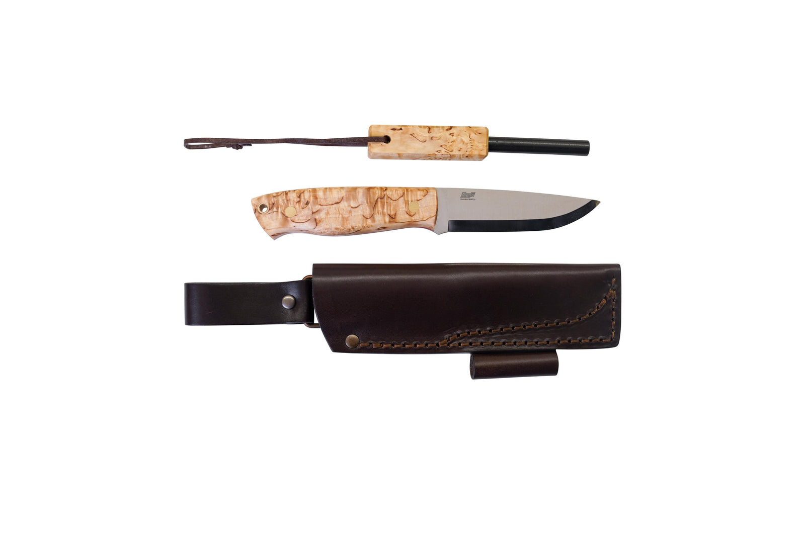 Brisa - Trapper 95 - CurlyBirch - Scandi - Firesteel - 21 cm - Bushcraft knives