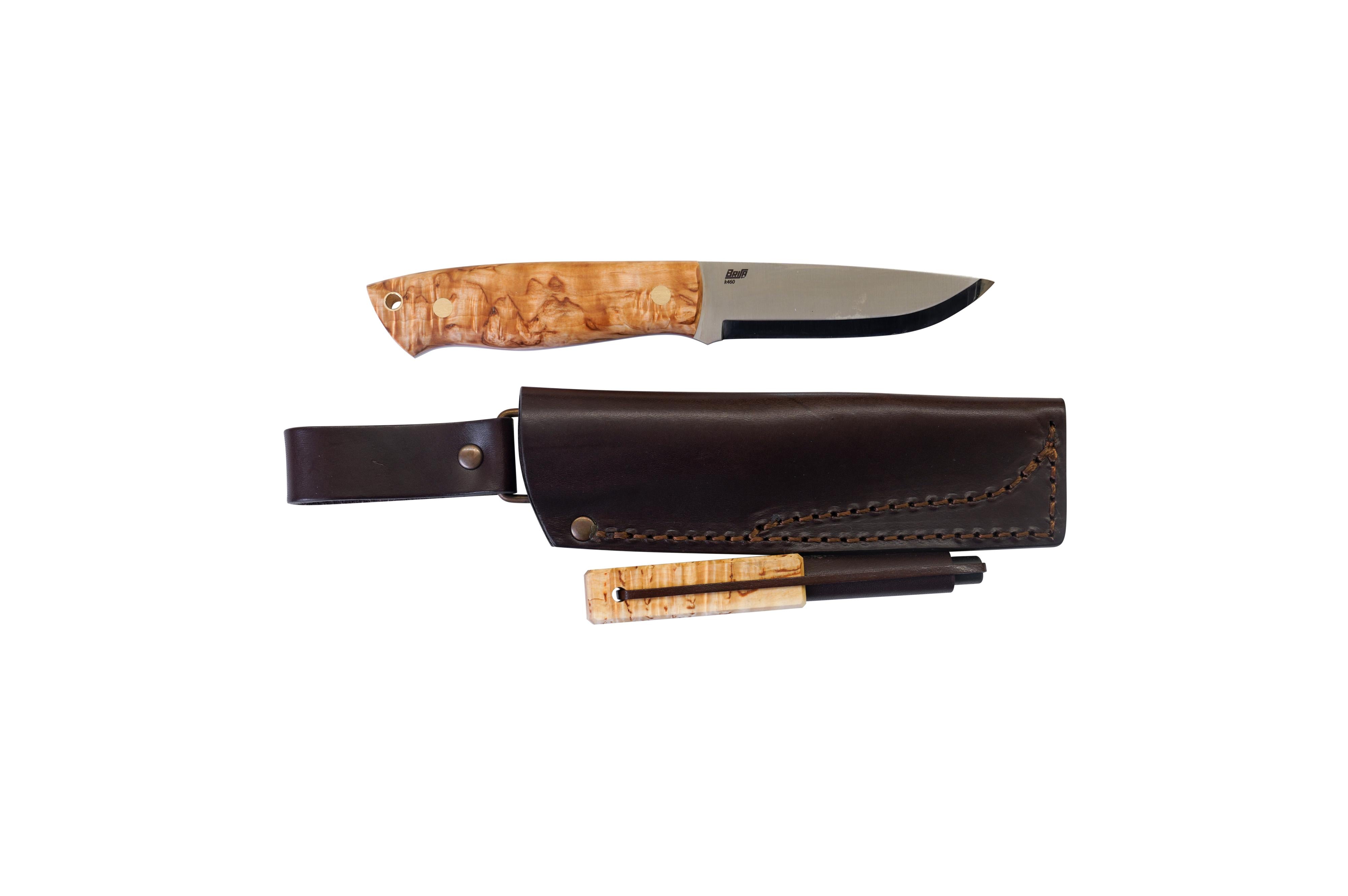 Brisa - Trapper 95 - CurlyBirch - Scandi - Firesteel - N690Co - 21 cm - Bushcraft knives
